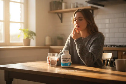 Frau nimmt Multi Mineral Complex Tablette mit Wasser ein – Nahrungsergänzung für Sport & Gesundheit
