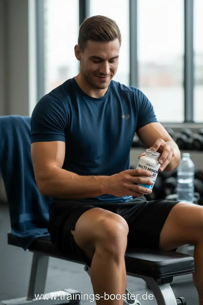 Muskulöser Mann im Fitnessstudio mit Multi Mineral Komplex Nahrungsergänzungsmittel