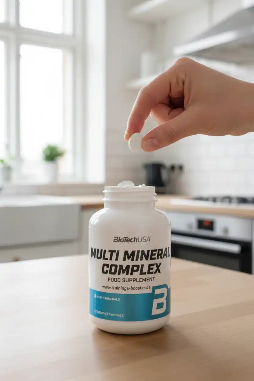 Multi Mineral Complex Nahrungsergänzungsmittel von BioTechUSA, Tablette in der Hand über Flasche