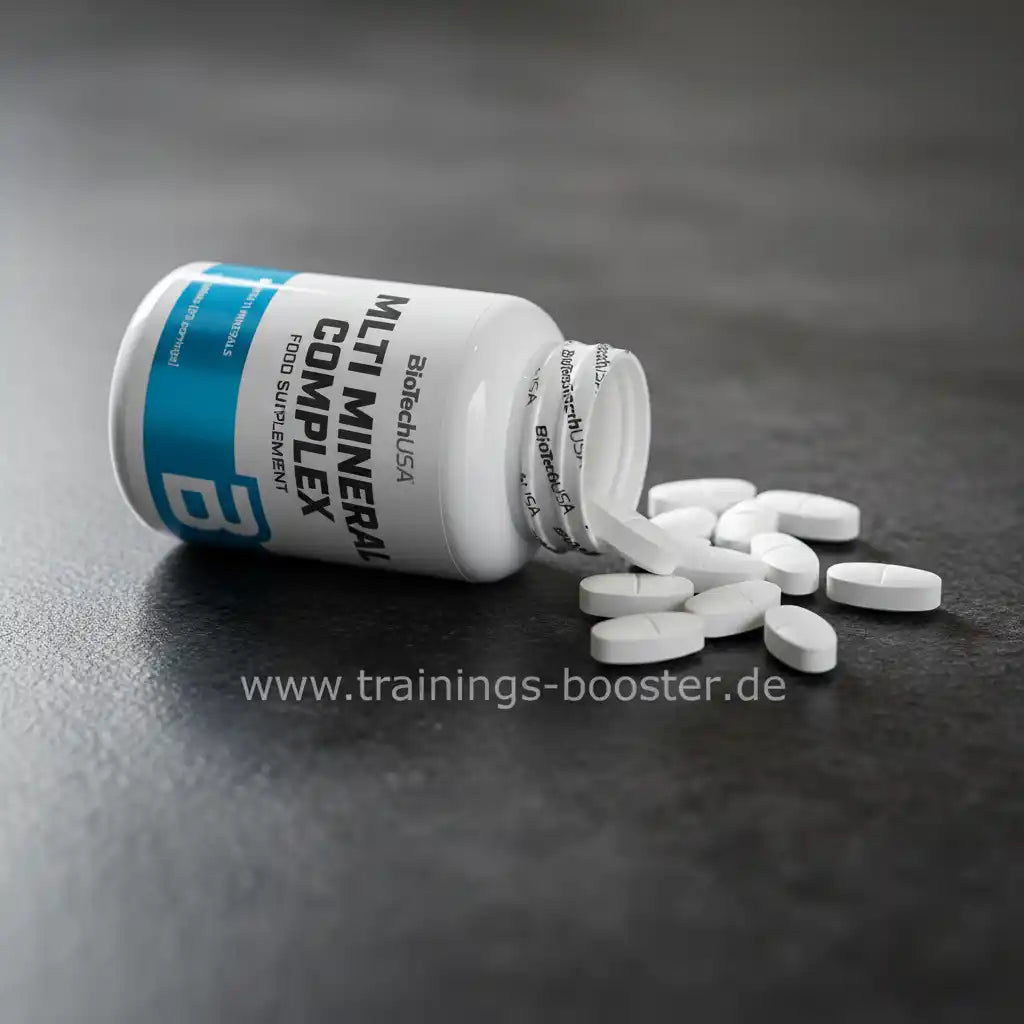 BiotechUSA Multi Mineral Complex Nahrungsergänzungsmittel mit weißen Tabletten auf dunklem Untergrund