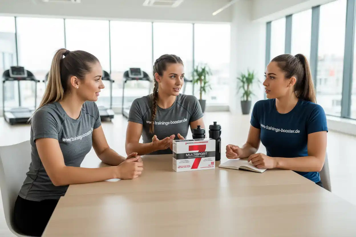 Drei Frauen diskutieren Multisport-Booster in Fitnessstudio, Nahrungsergänzungsmittel für Sportler