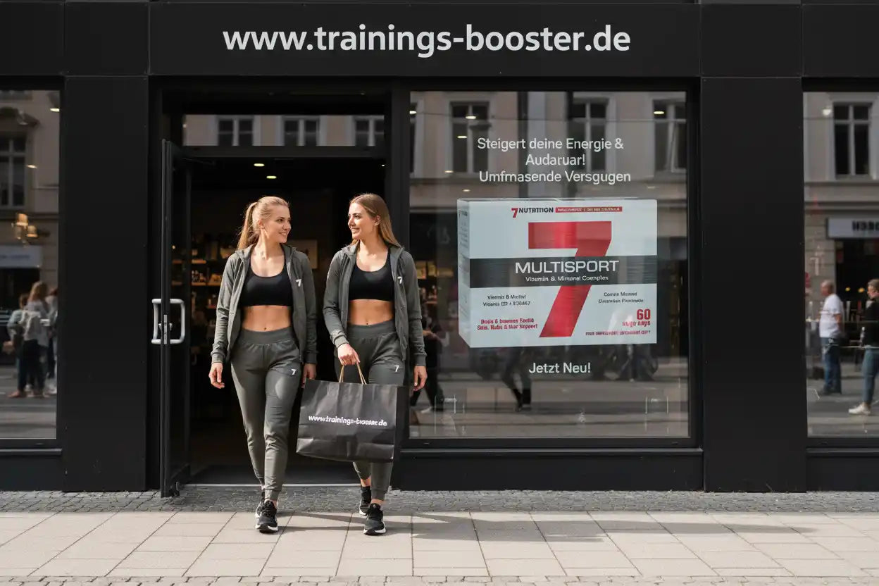 Zwei Frauen verlassen Sportnahrungsgeschäft mit Einkaufstasche, Multisport-Produkt im Fenster