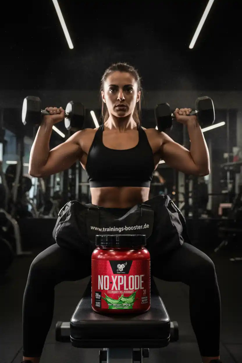Muskulöse Frau mit Hanteln und BSN Nutrition N.O. XPLODE Pre Workout Booster im Fitnessstudio