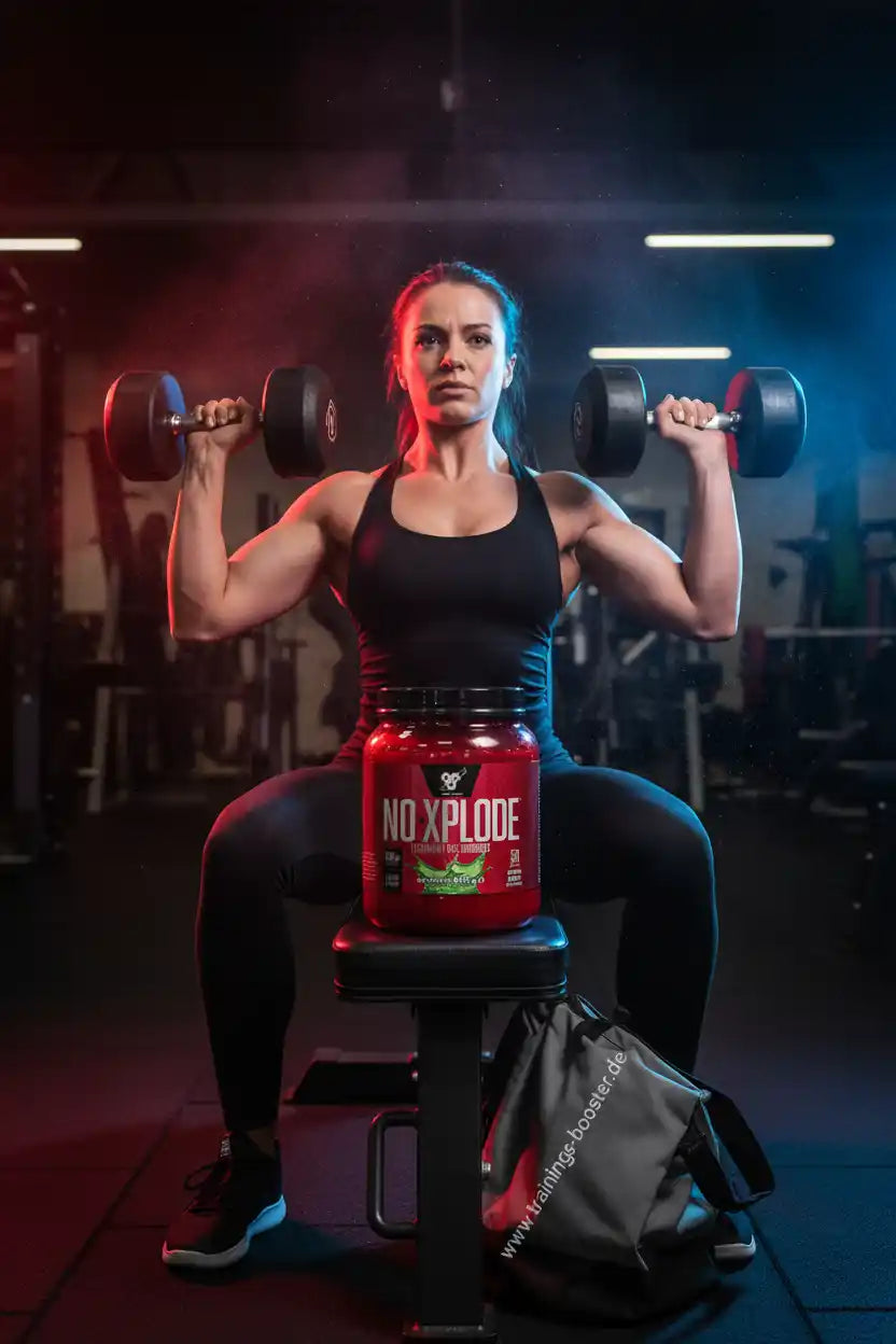 Muskulöse Frau trainiert im Gym mit Hanteln hinter BSN Nutrition N.O. XPLODE Pre Workout Booster.