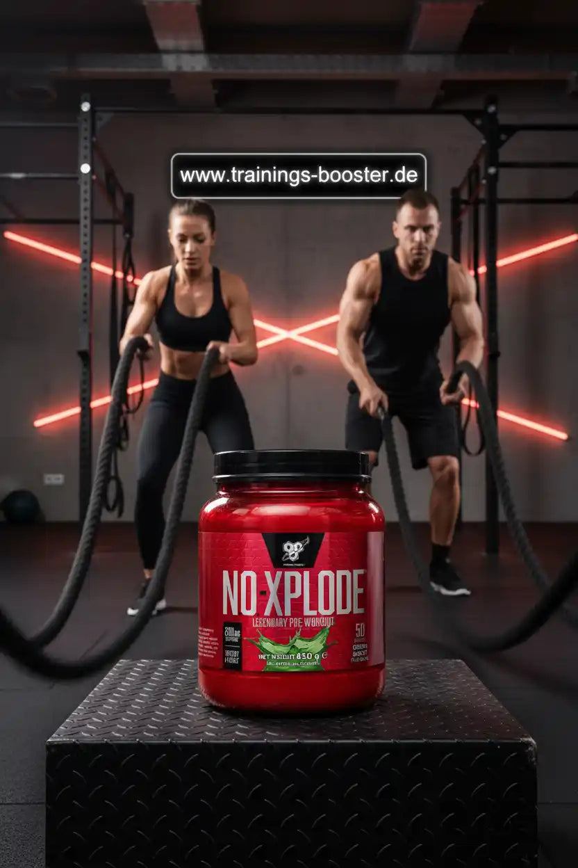BSN Nutrition N.O. XPLODE Pre Workout Booster vor zwei Sportlern beim Battlerope-Training.