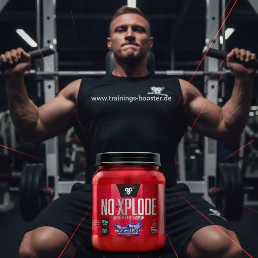BSN Nutrition N.O. XPLODE Pre Workout Booster 650g vor einem muskulösen Mann im Fitnessstudio
