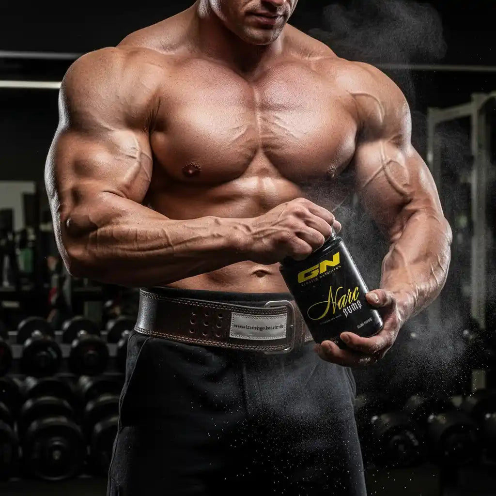 Muskulöser Bodybuilder mit GN Narc Pump Booster im Fitnessstudio