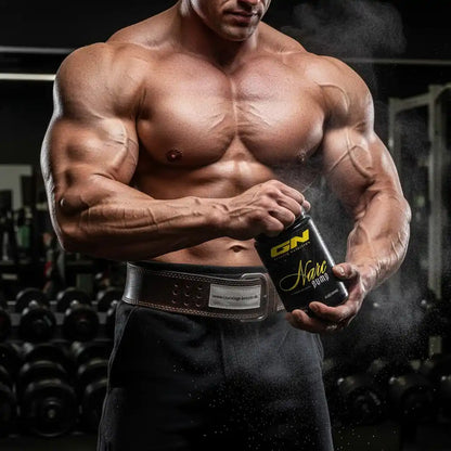 Muskulöser Bodybuilder mit GN Narc Pump Booster im Fitnessstudio