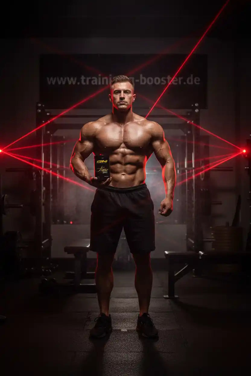 Muskulöser Athlet mit Nahrungsergänzungsmittel in Fitnessstudio, rote Laserstrahlen im Hintergrund
