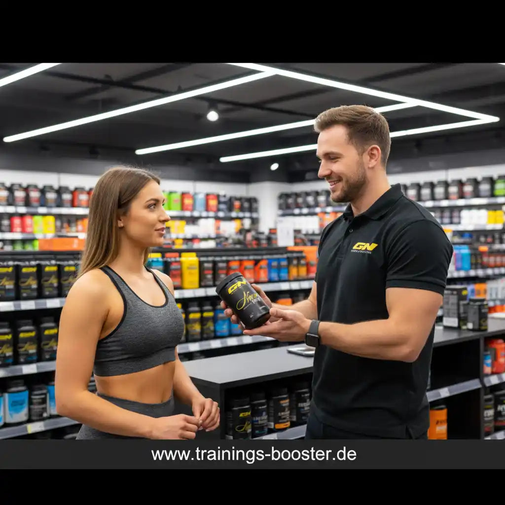 Mann zeigt Frau Sportnahrung im Fitnessshop – Booster & Nahrungsergänzungsmittel