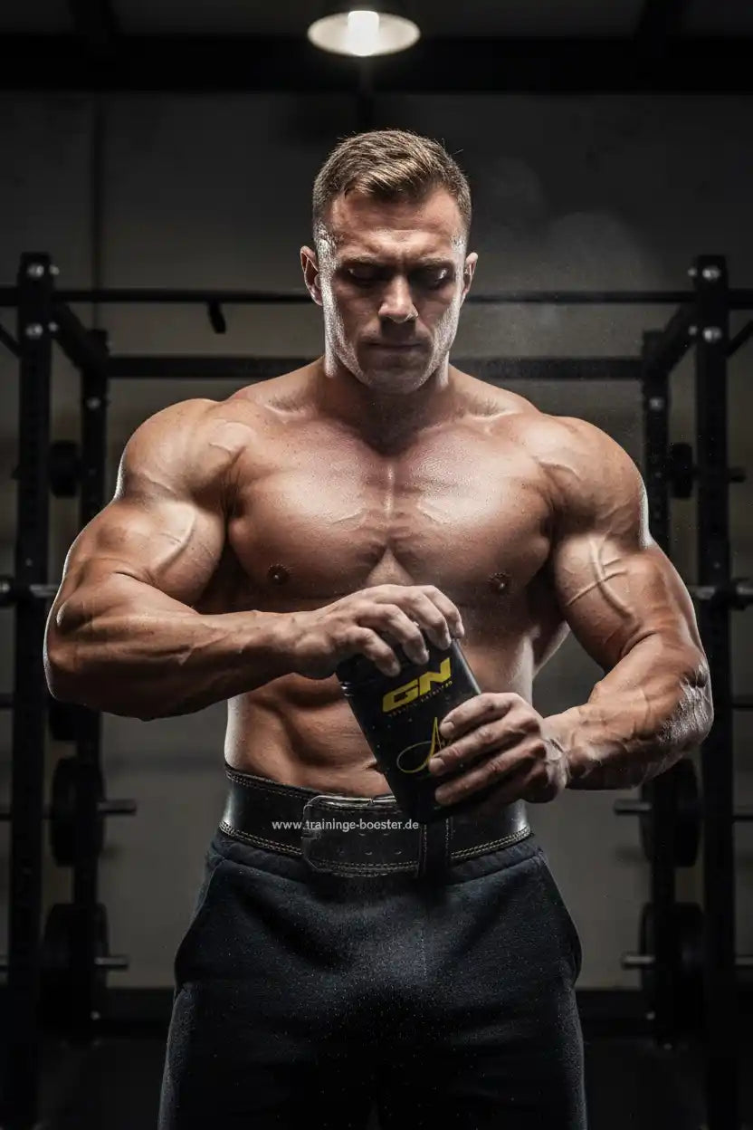 Muskulöser Athlet mit Booster-Flasche im Fitnessstudio, ideal für Training und Muskelaufbau
