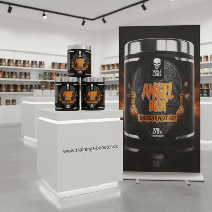 Angel Dust Booster Nahrungsergänzungsmittel-Dosen im modernen Sportnahrung Shop