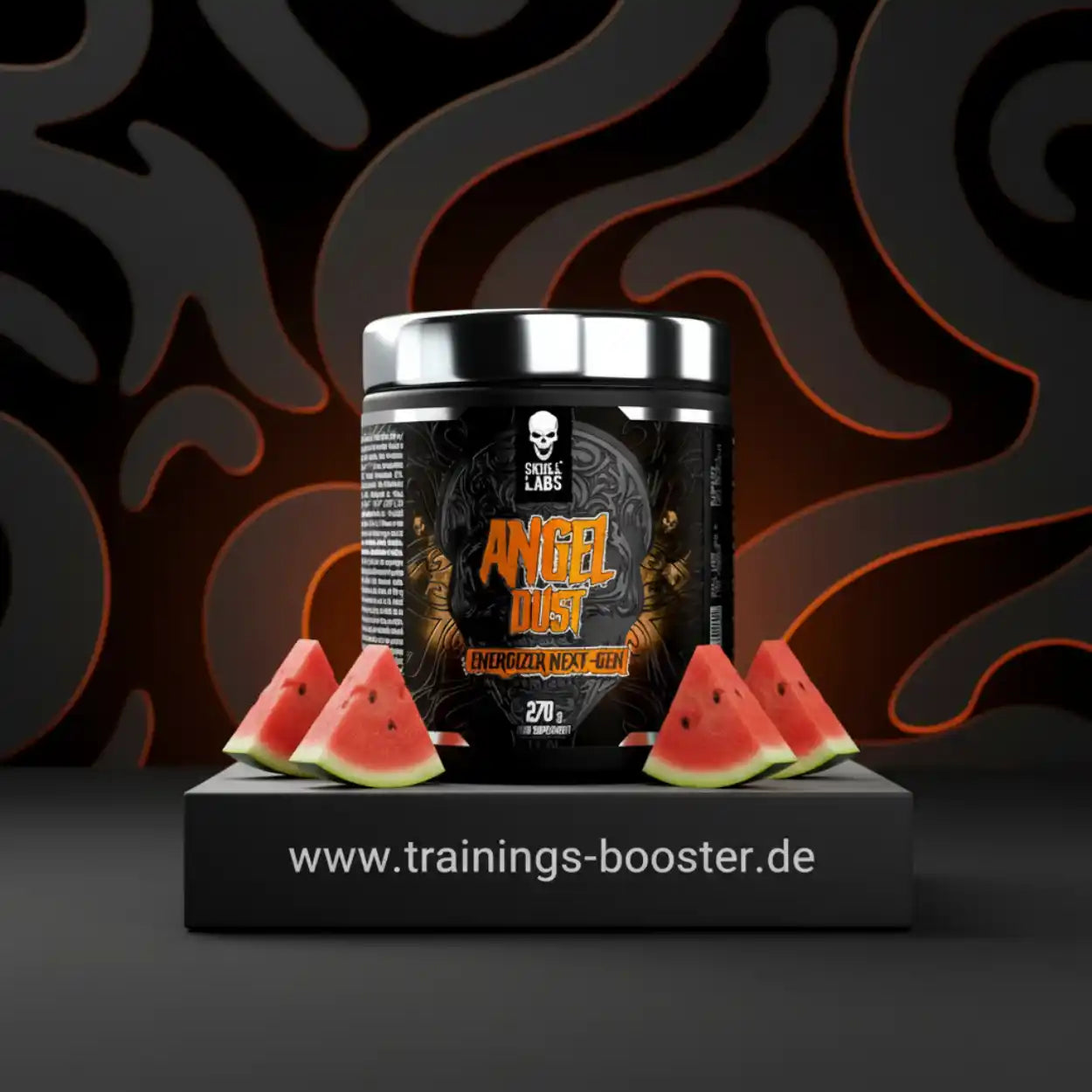 Angel Dust Pre-Workout Booster mit Wassermelone, Nahrungsergänzungsmittel, schwarzer Hintergrund