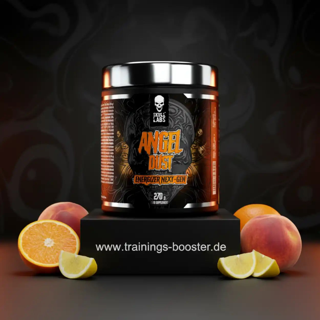 Angel Dust Trainingsbooster Dose mit Pfirsich, Orange und Zitrone auf dunklem Hintergrund
