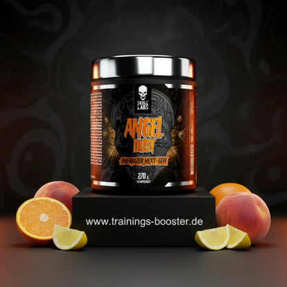 Angel Dust Trainingsbooster Dose mit Pfirsich, Orange und Zitrone auf dunklem Hintergrund