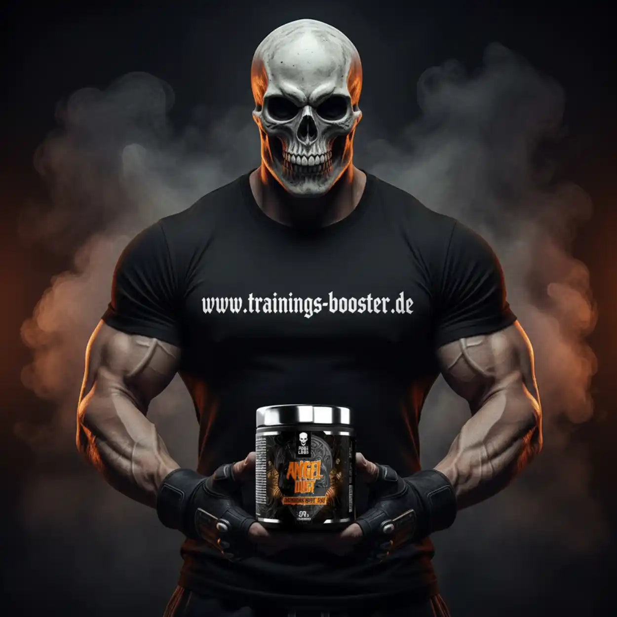 Muskelbepackte Figur mit Totenkopfmaske hält Pre-Workout Booster, Fitnessernährung, rauchiger Hintergrund.