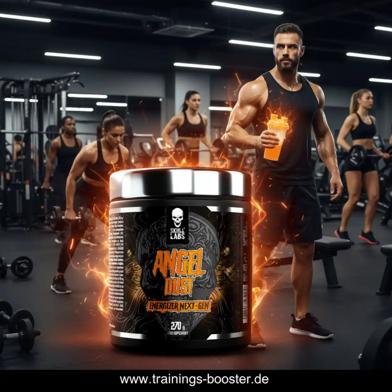 Fitnessstudio mit muskulösem Mann, Frauen trainieren, Pre-Workout Booster im Vordergrund
