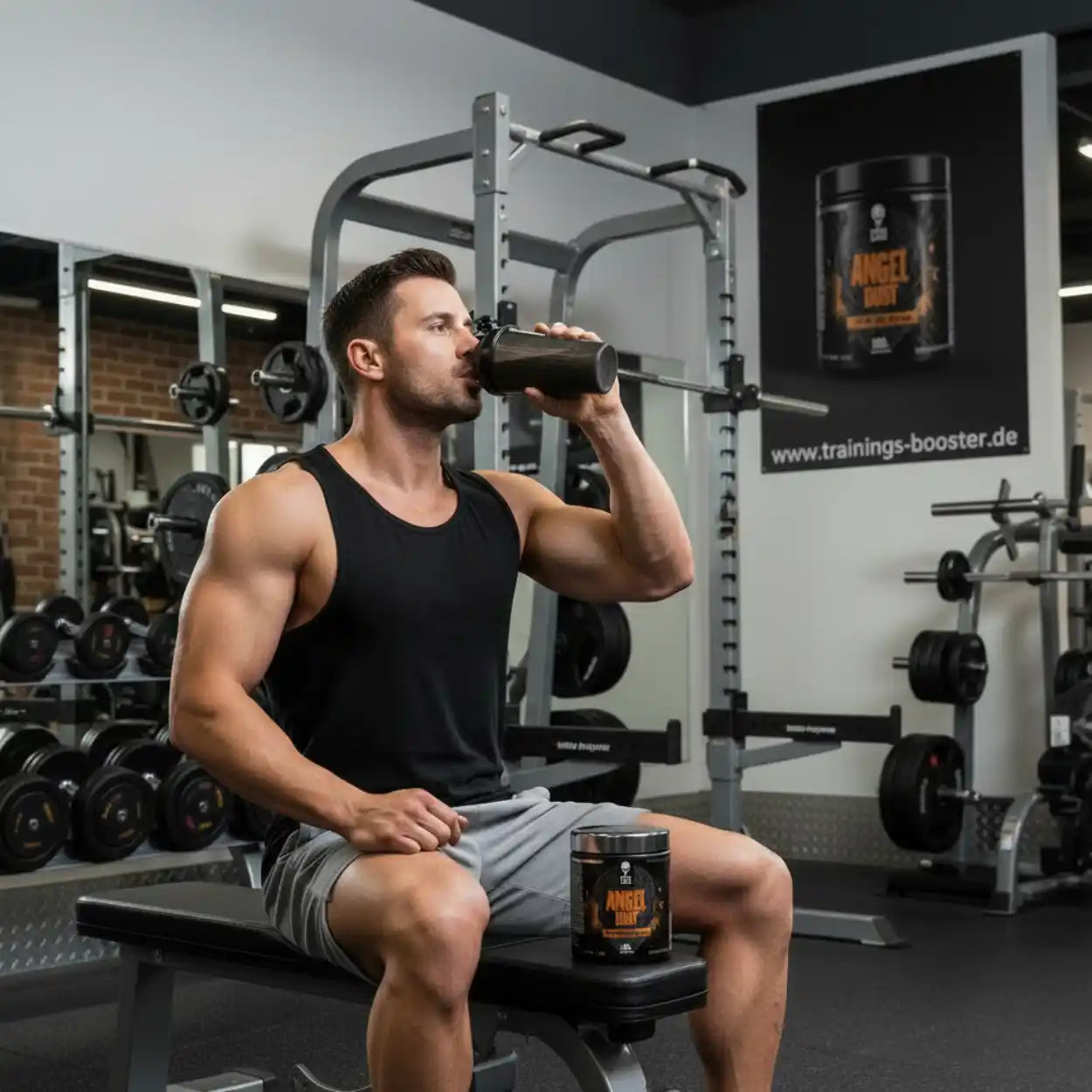 Muskulöser Mann im Fitnessstudio trinkt Pre-Workout Booster, Trainingsgerät im Hintergrund.