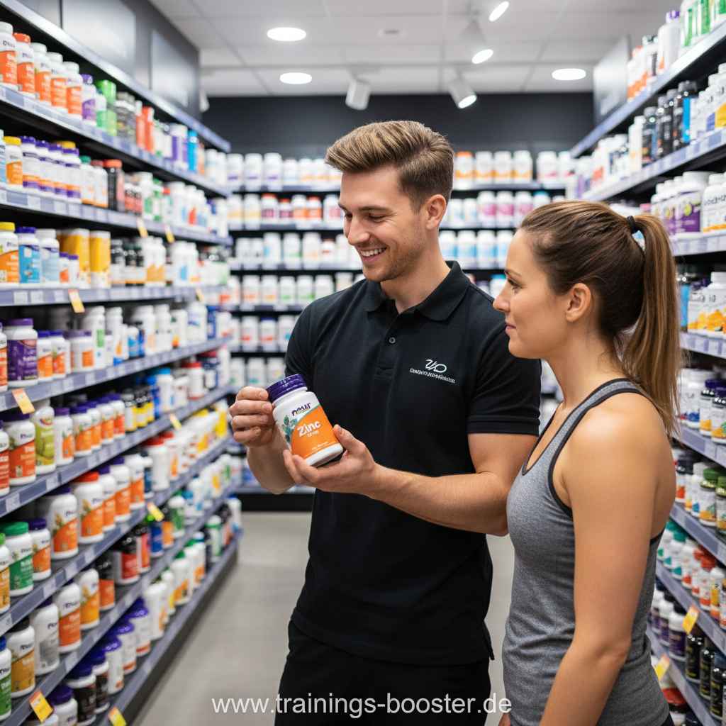 Mann zeigt Frau Zink-Booster in Sportnahrungsladen, ideal für Training und Fitness