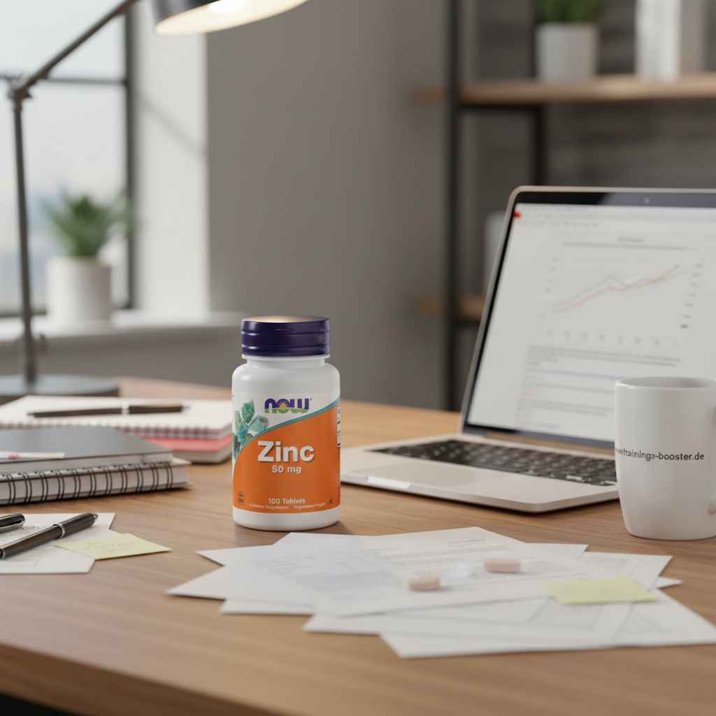 Zink 50 mg Tabletten von NOW auf Schreibtisch mit Laptop und Notizen, ideal für Sport und Gesundheit