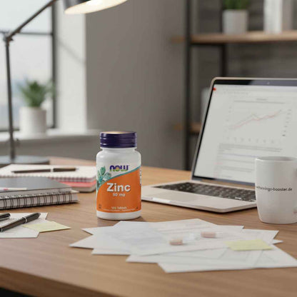 Zink 50 mg Tabletten von NOW auf Schreibtisch mit Laptop und Notizen, ideal für Sport und Gesundheit