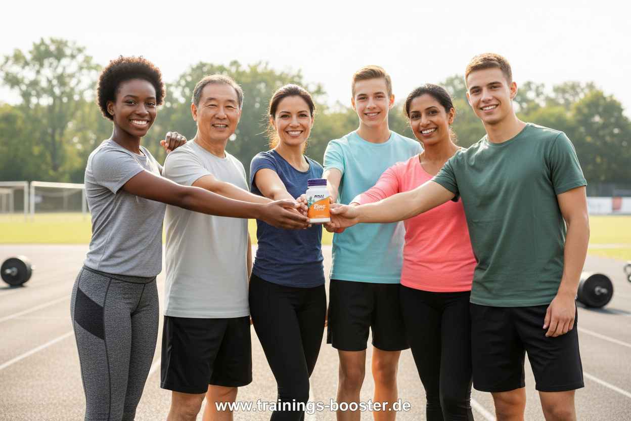 Gruppe mit Sportnahrung-Booster auf Laufbahn, ideal für Fitness & Training