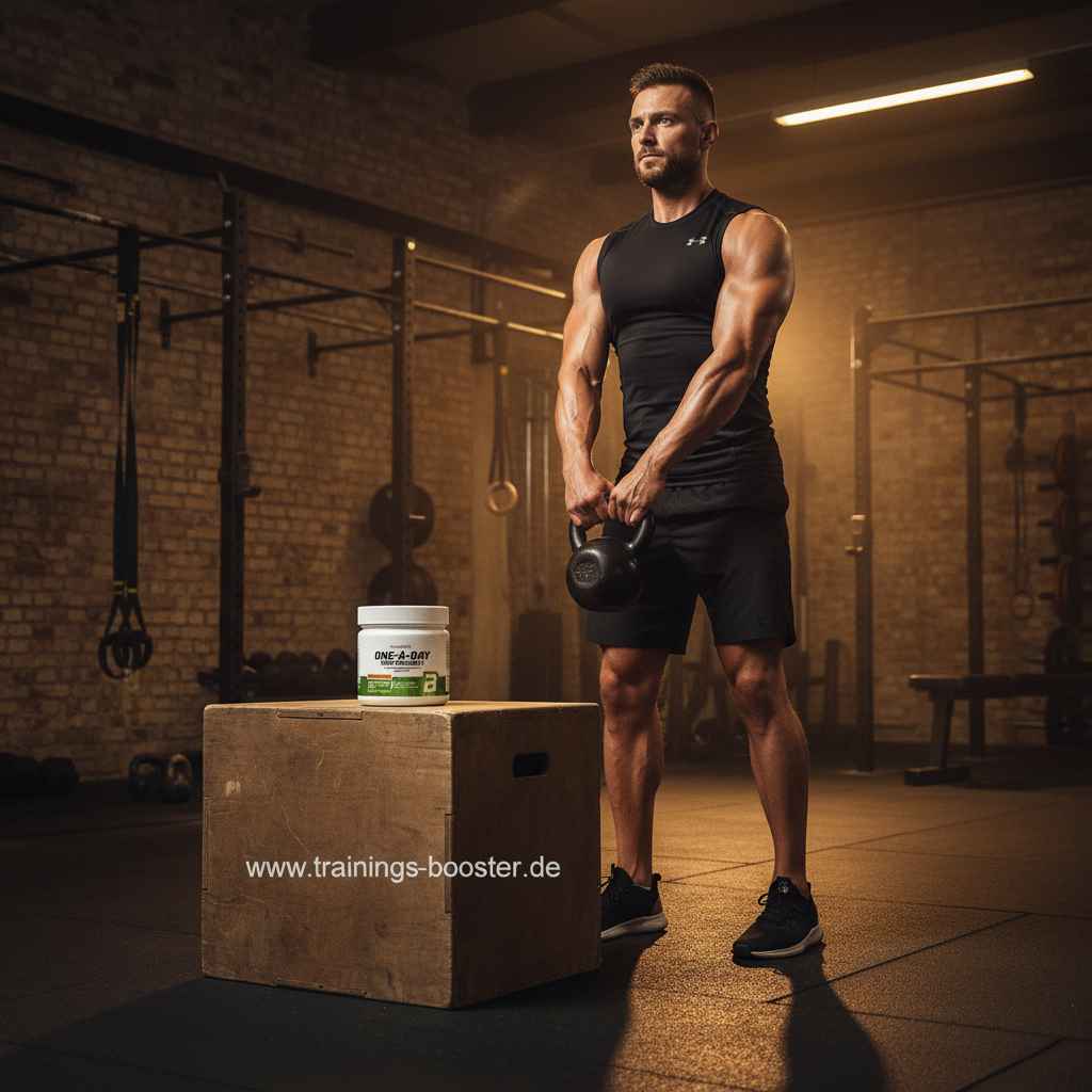 Muskulöser Mann mit Kettlebell im Fitnessstudio neben One-A-Day Vitaminen – ideal für Sport & Training