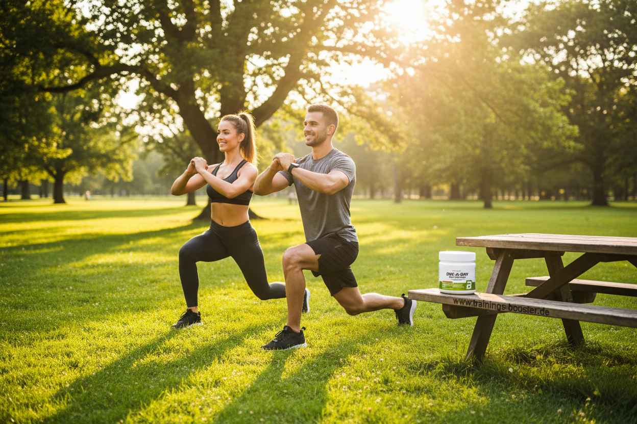 Paar trainiert im Park mit Sportnahrung und Booster für Fitness und Kraft