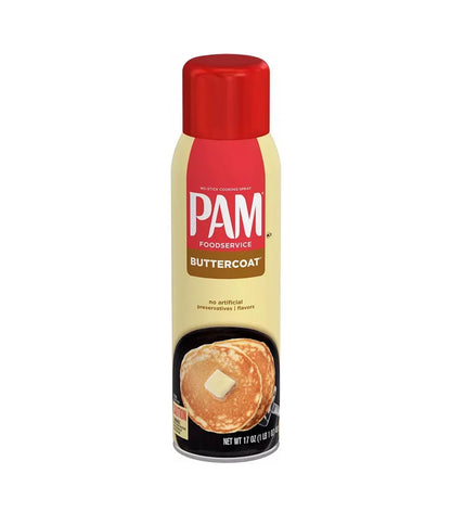 PAM Buttercoating Kochspray mit rotem Deckel und Pancake-Abbildung, fettarmes Backen