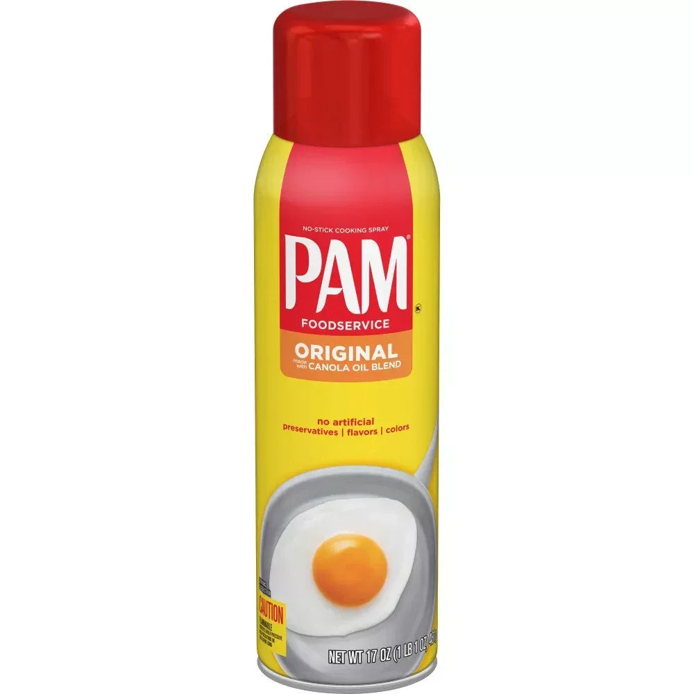 PAM Original Kochspray Dose mit gelbem Etikett und rotem Deckel, Spiegelei auf der Vorderseite