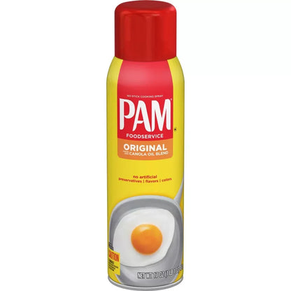 PAM Original Kochspray Dose mit gelbem Etikett und rotem Deckel, Spiegelei auf der Vorderseite