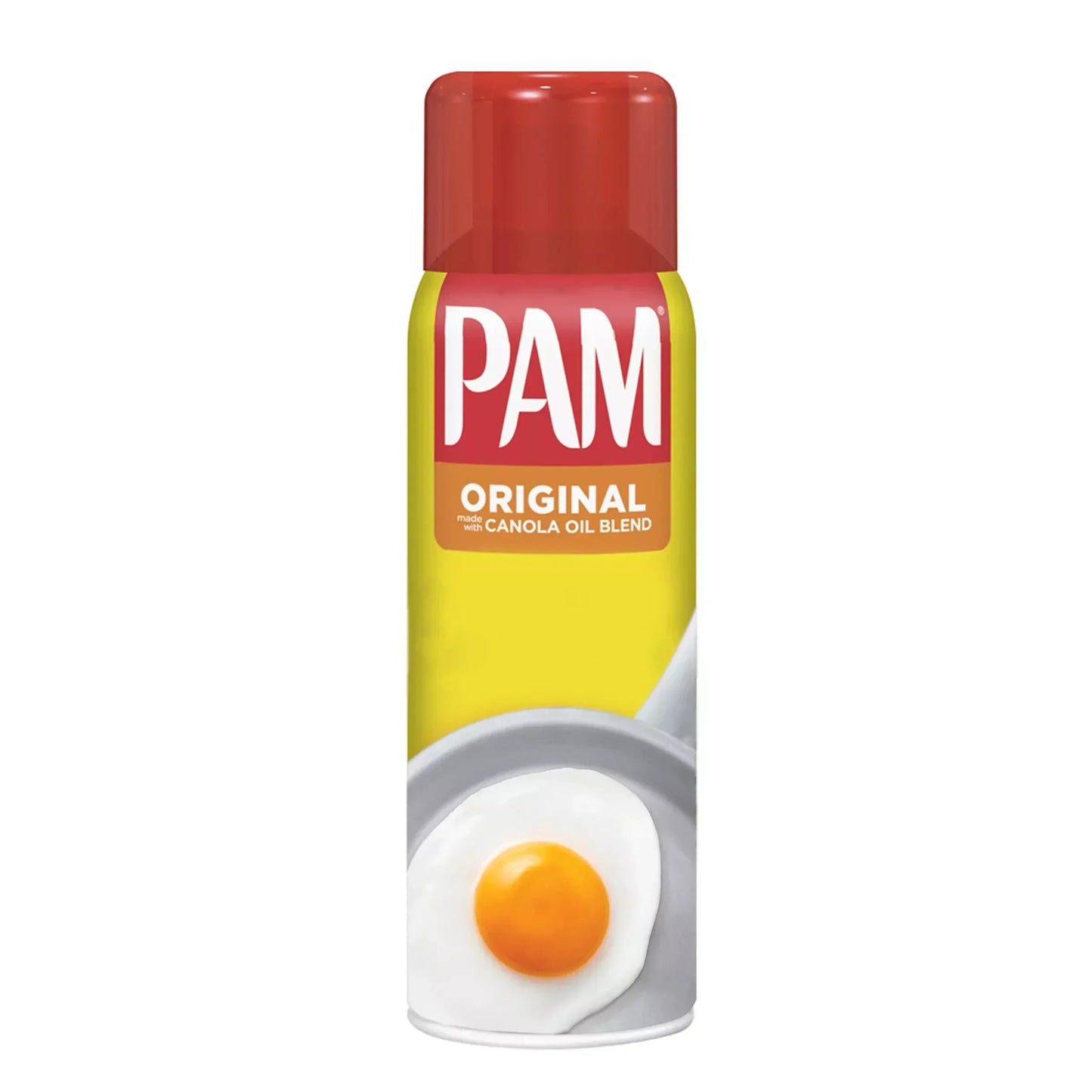 PAM Original Speiseöl-Spray in gelber Dose mit rotem Deckel und Spiegelei Abbildung