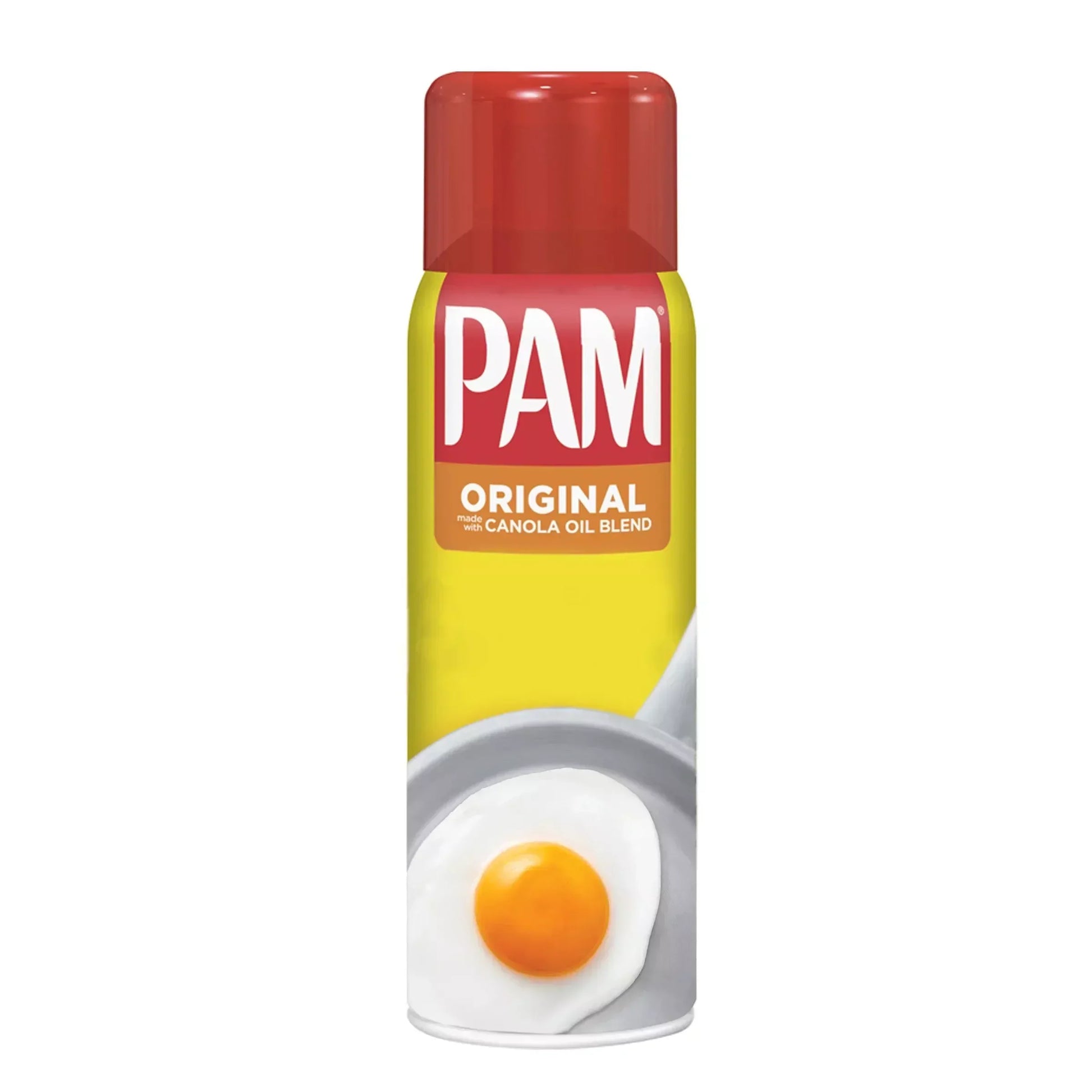PAM Original Speiseöl-Spray in gelber Dose mit rotem Deckel und Spiegelei Abbildung