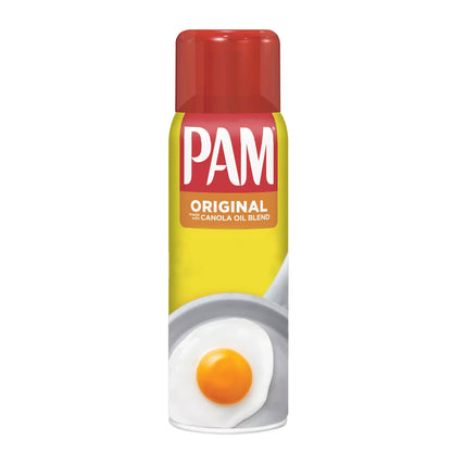 PAM Original Speiseöl-Spray in gelber Dose mit rotem Deckel und Spiegelei Abbildung