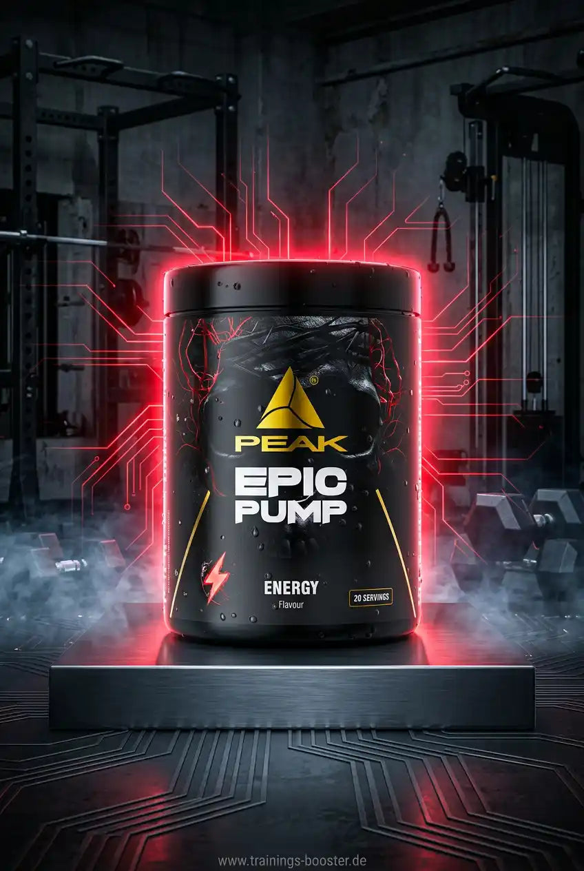 PEAK EPIC PUMP Nahrungsergänzungsmittel in einem Fitnessstudio mit roten Neon-Effekten.