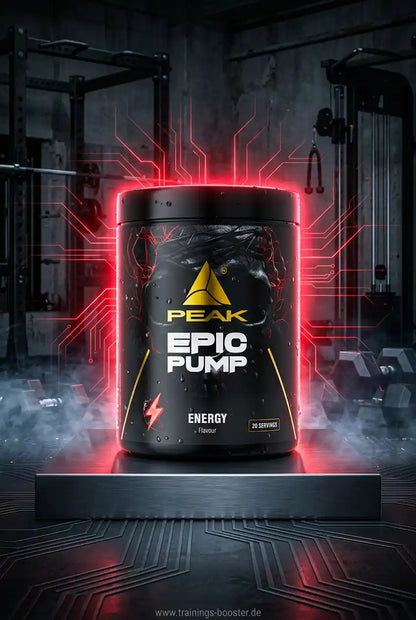 PEAK EPIC PUMP Nahrungsergänzungsmittel in einem Fitnessstudio mit roten Neon-Effekten.