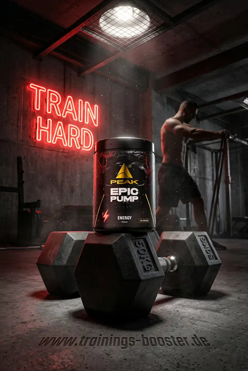 PEAK Epic Pump Supplementdose auf einer 50kg Hantel in einem Fitnessstudio