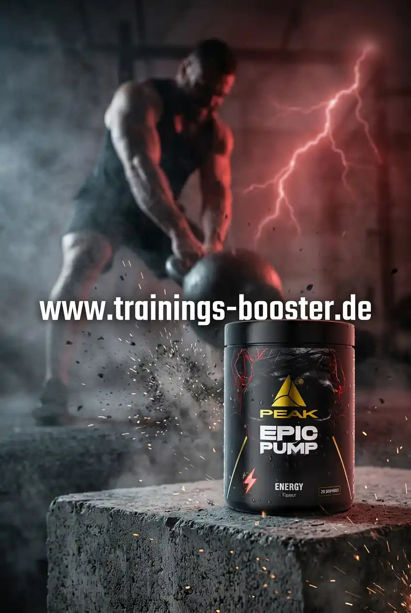 PEAK Epic Pump Supplement-Becher vor einem muskulösen Athleten mit Blitzeffekten