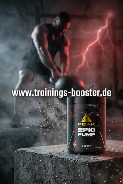 PEAK Epic Pump Supplement-Becher vor einem muskulösen Athleten mit Blitzeffekten