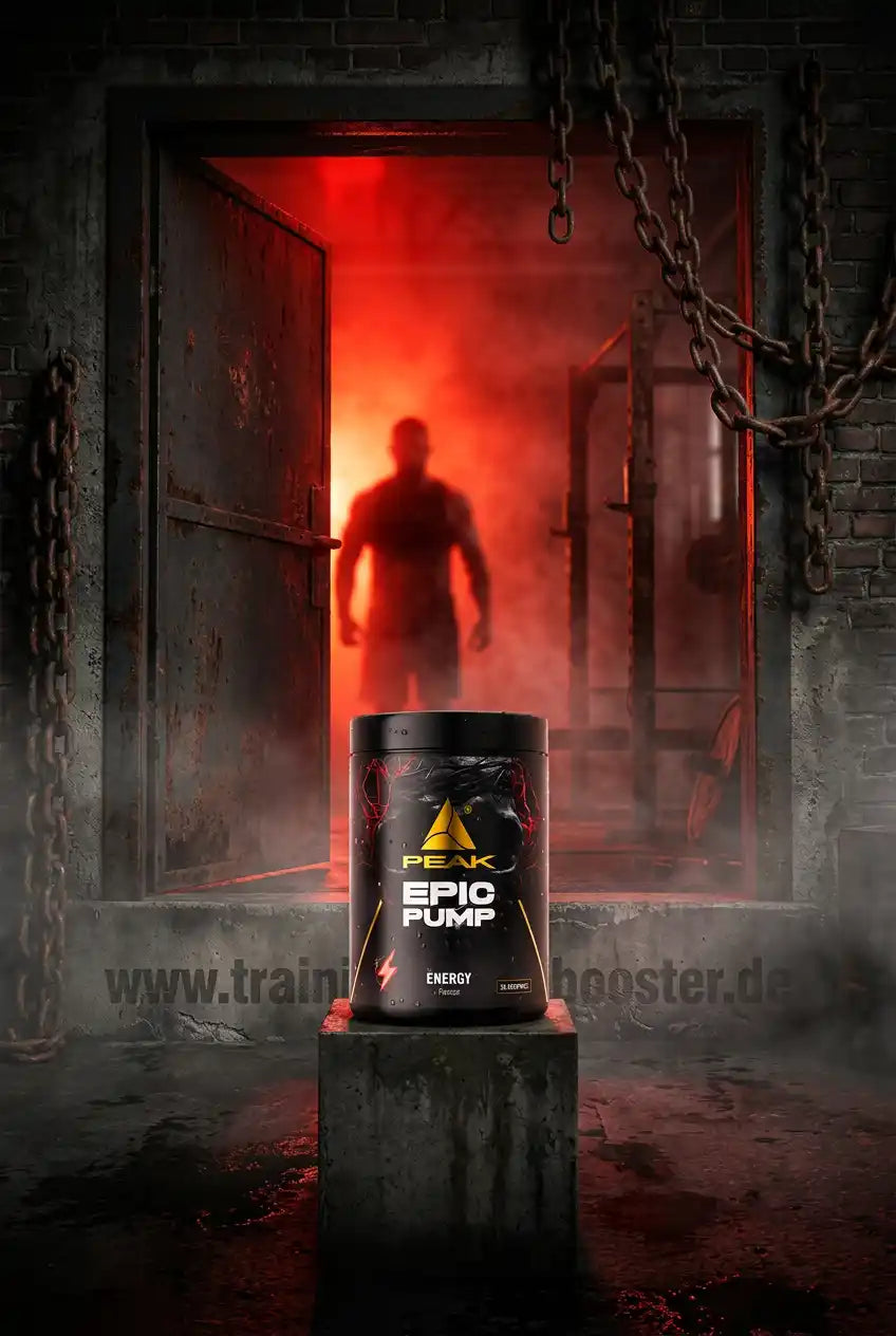 PEAK EPIC PUMP Supplementdose vor einer dramatischen, rot beleuchteten Silhouette im Fitness-Setting