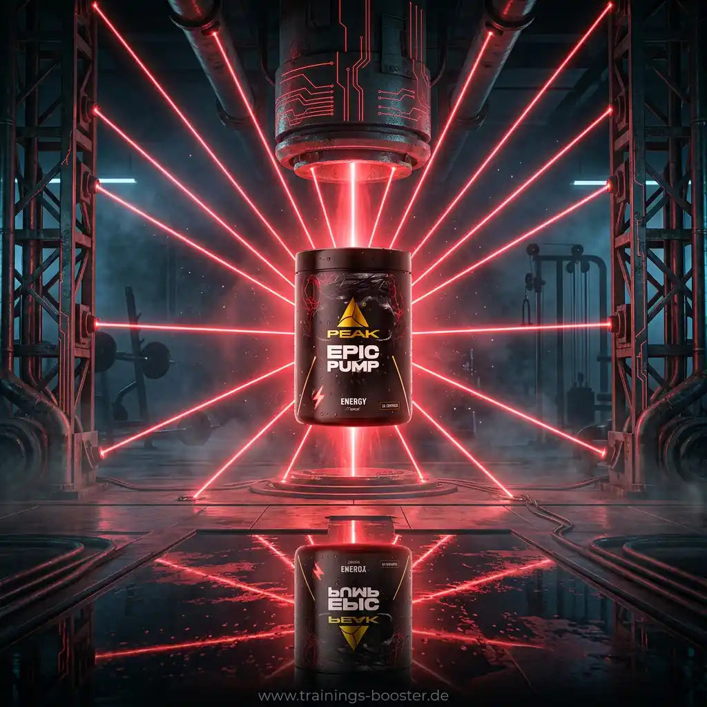 PEAK EPIC PUMP Nahrungsergänzungsmittel in futuristischer Umgebung mit roten Laserstrahlen