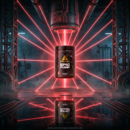 PEAK EPIC PUMP Nahrungsergänzungsmittel in futuristischer Umgebung mit roten Laserstrahlen