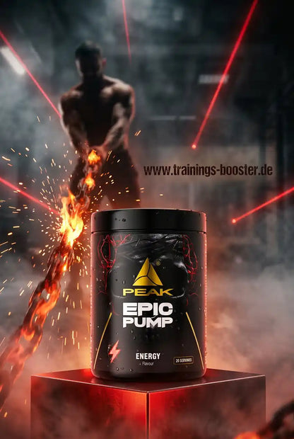 PEAK EPIC PUMP Nahrungsergänzungsmittel vor einem muskulösen Athleten mit glühender Kette.