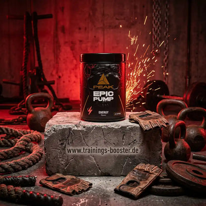 PEAK EPIC PUMP Booster Dose auf Betonblock im Fitnessstudio mit Kettlebells und Funkenflug