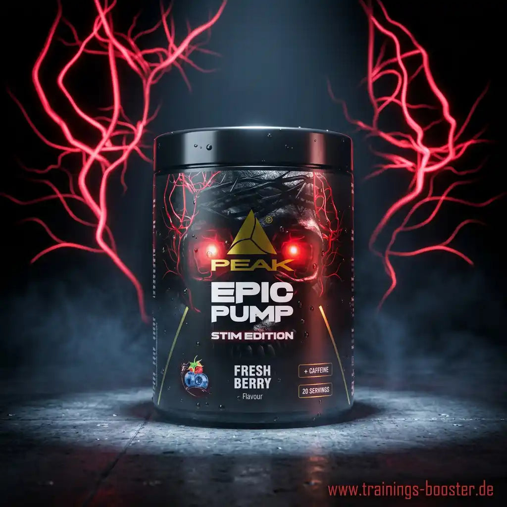 PEAK Epic Pump Stim Edition Nahrungsergänzungsmittel in Fresh Berry Geschmack vor dunklem Hintergrund