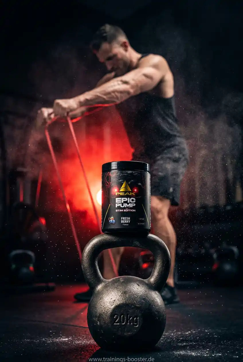 PEAK Epic Pump Stim Edition Supplement auf einer 20kg Kettlebell im Fitnessstudio