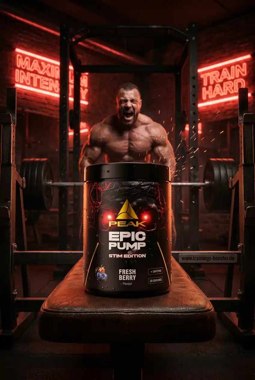 PEAK EPIC PUMP STIM EDITION Supplement Dose in Fresh Berry vor muskulösem Bodybuilder im Gym