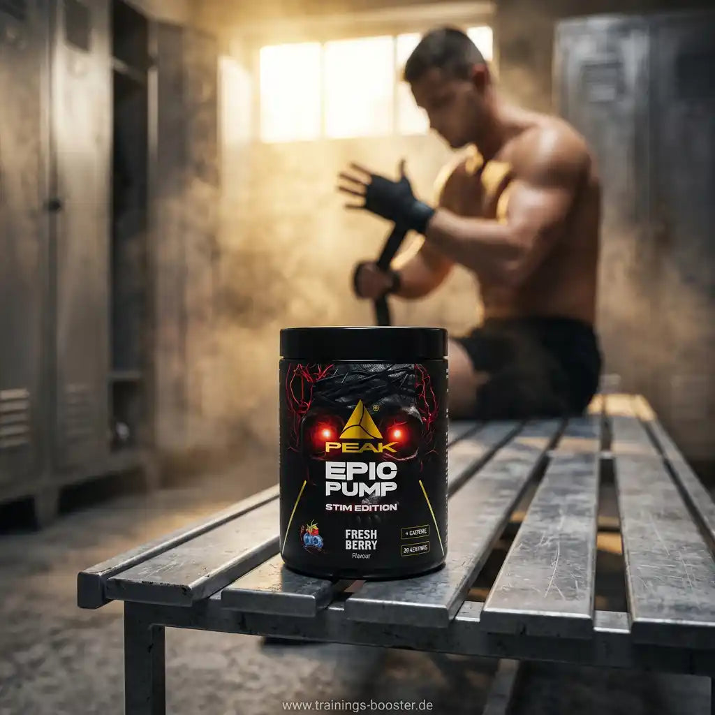PEAK Epic Pump Stim Edition Nahrungsergänzungsmittel in Fresh Berry vor einem Bodybuilder im Gym