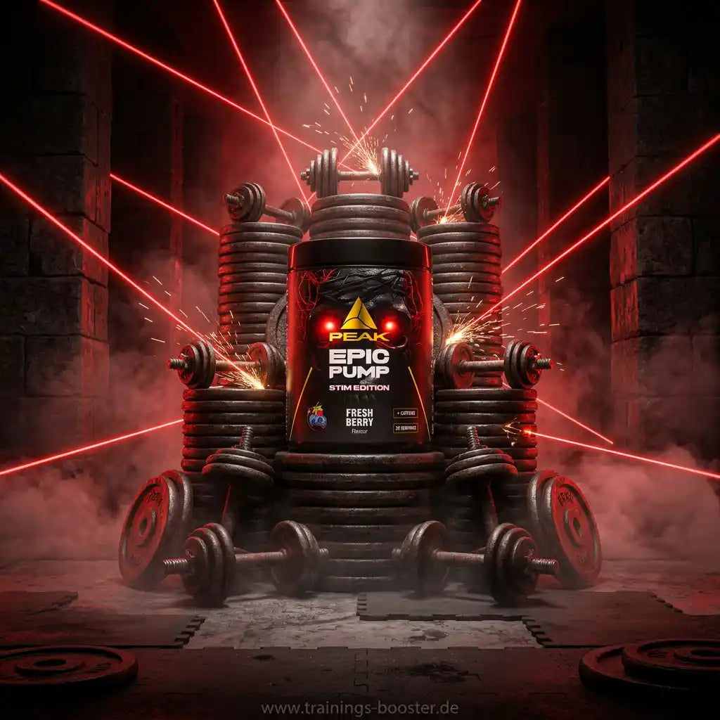 PEAK EPIC PUMP STIM EDITION Booster Dose vor einem Stapel Hantelscheiben mit roten Lasern.