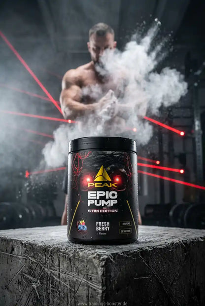 PEAK Epic Pump Stim Edition Nahrungsergänzungsmittel in Fresh Berry vor muskulösem Athleten
